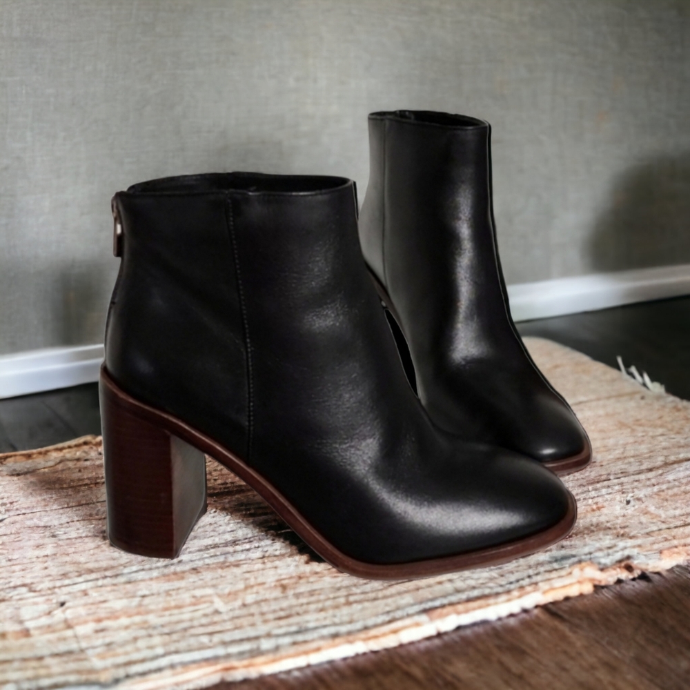 Antonio Melani Cammden Black Leather Ankle Boots Booties 8 Block Heel